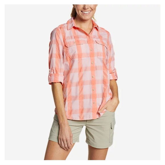 NWOT Eddie Bauer Mountain Long & Short Sleeve Shirt Top Pink Peach Plaid S - Picture 10 of 12